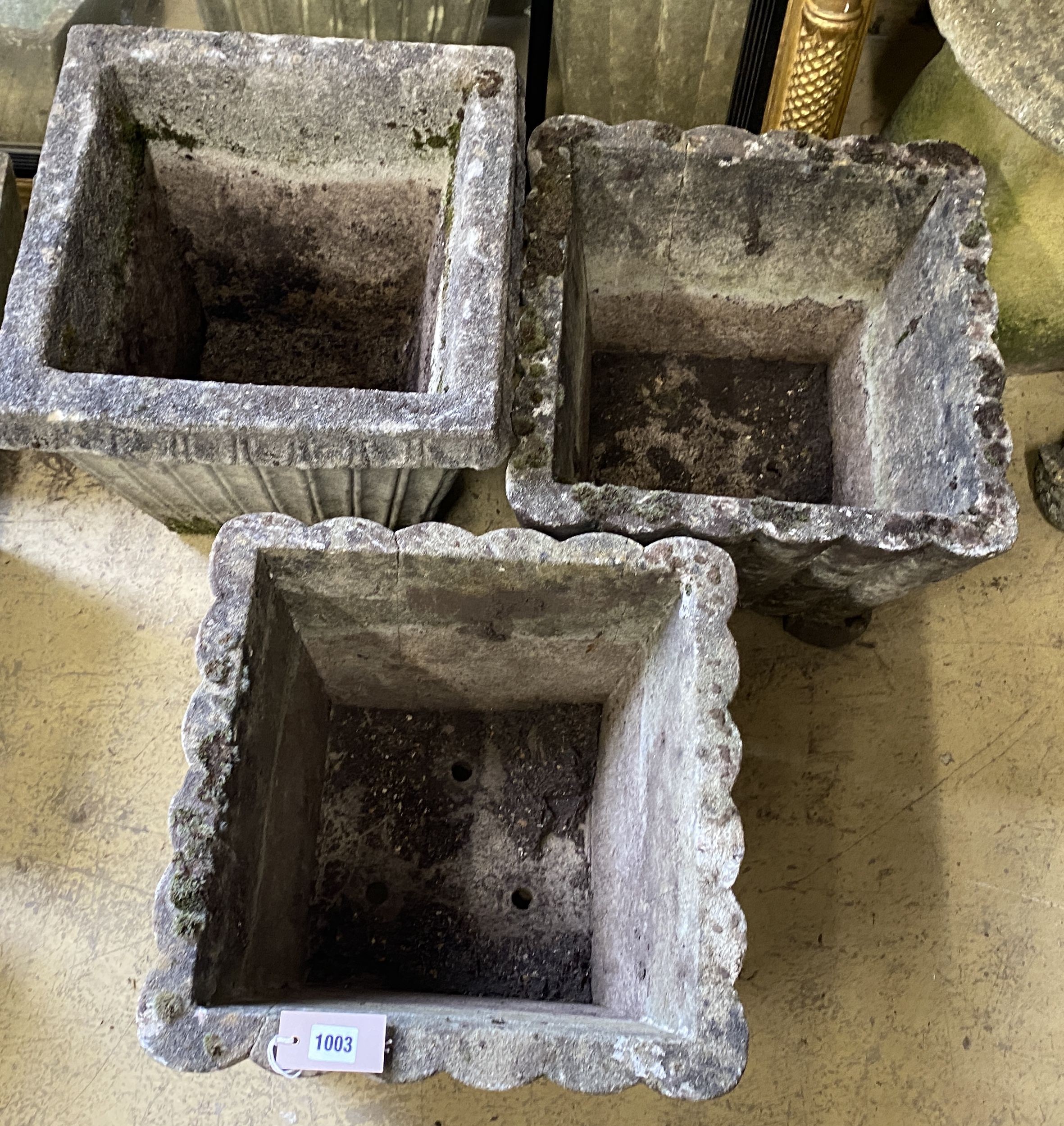Three (two plus one) square reconstituted stone garden planters, largest width 40cm, height 37cm